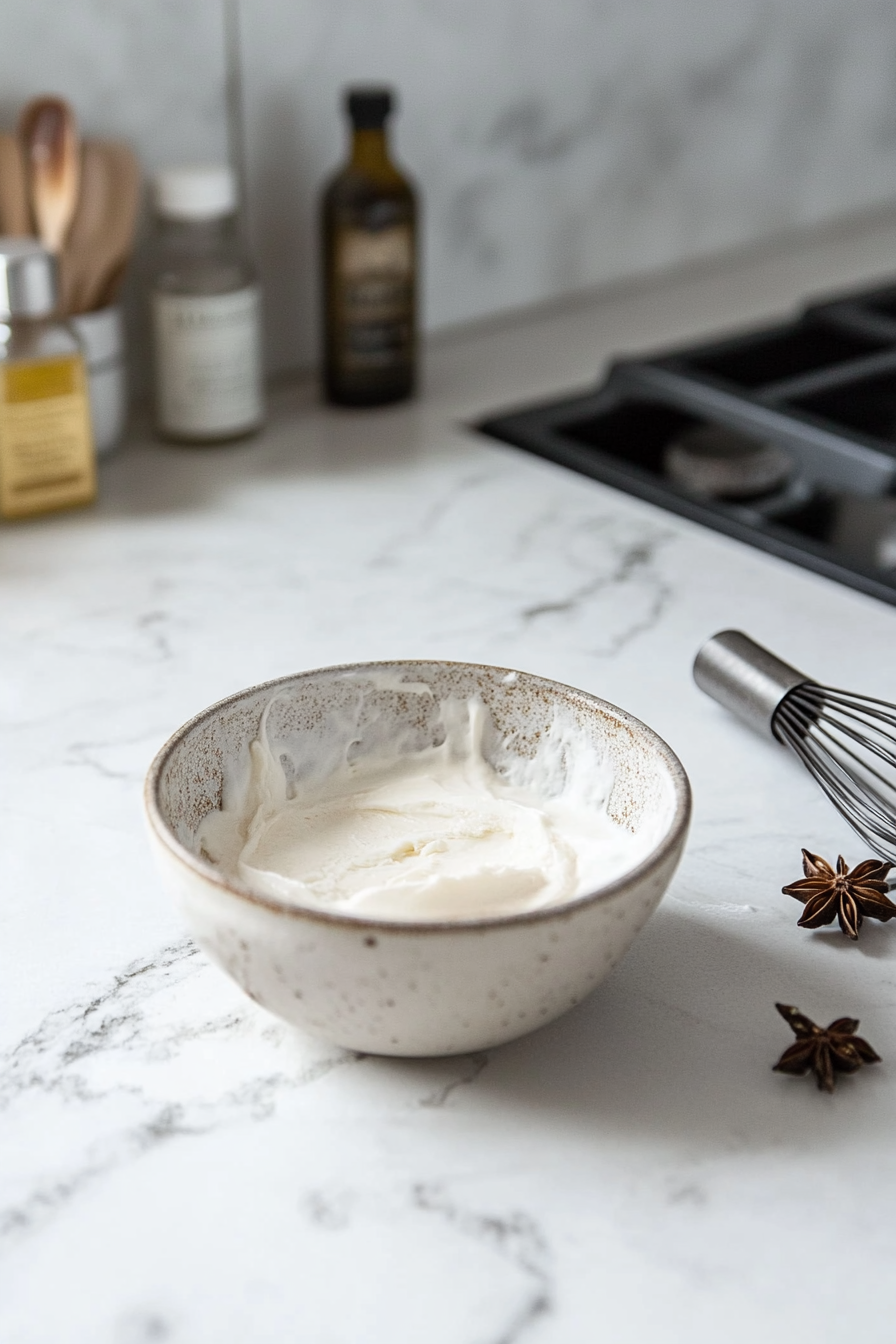 A small bowl on a white marble cooktop filled with icing made from milk, confectioners’ sugar, anise, and vanilla extract. A whisk and small bottles of extracts are placed next to the bowl.