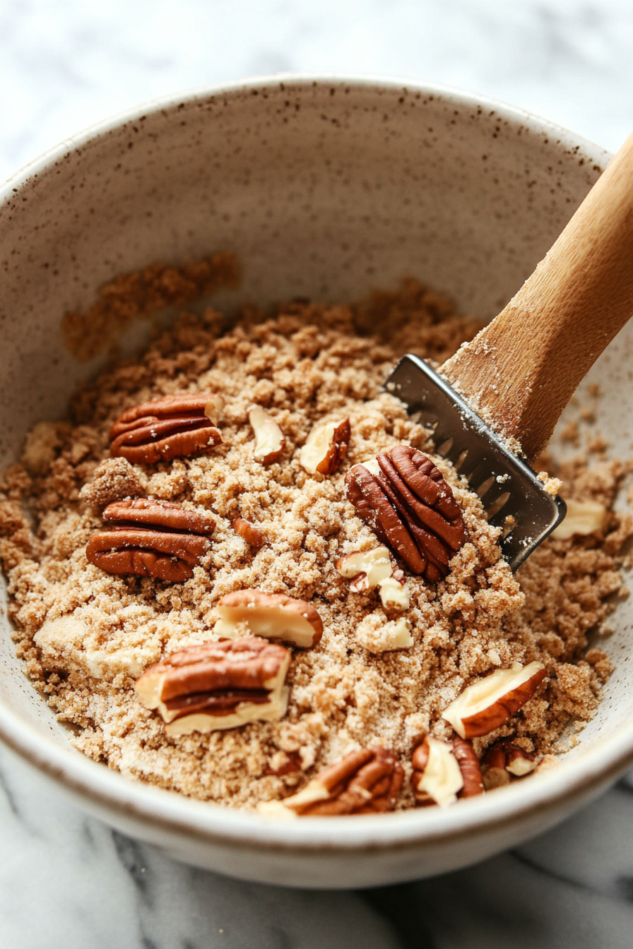 A medium bowl with brown sugar, flour, and softened butter is mixed with a pastry cutter until coarse crumbs form. Chopped pecans are added, creating a textured, golden topping.