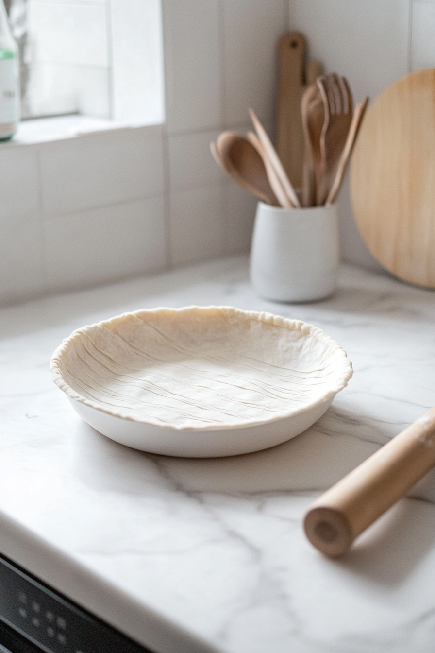 A 9-inch pie pan is lined with a layer of pastry and sits on the white marble cooktop. Nearby, a second pastry is being rolled out into a smooth sheet, with a rolling pin and pastry cutter cutting eight 1-inch strips. The setup is ready for creating the lattice crust.