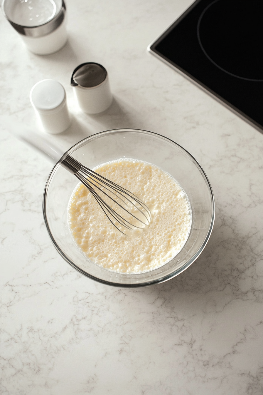 A glass bowl on the white marble cooktop with milk and instant sugar-free vanilla pudding mix being whisked together for 2 minutes. The pudding is thickening as it's prepared for refrigeration.