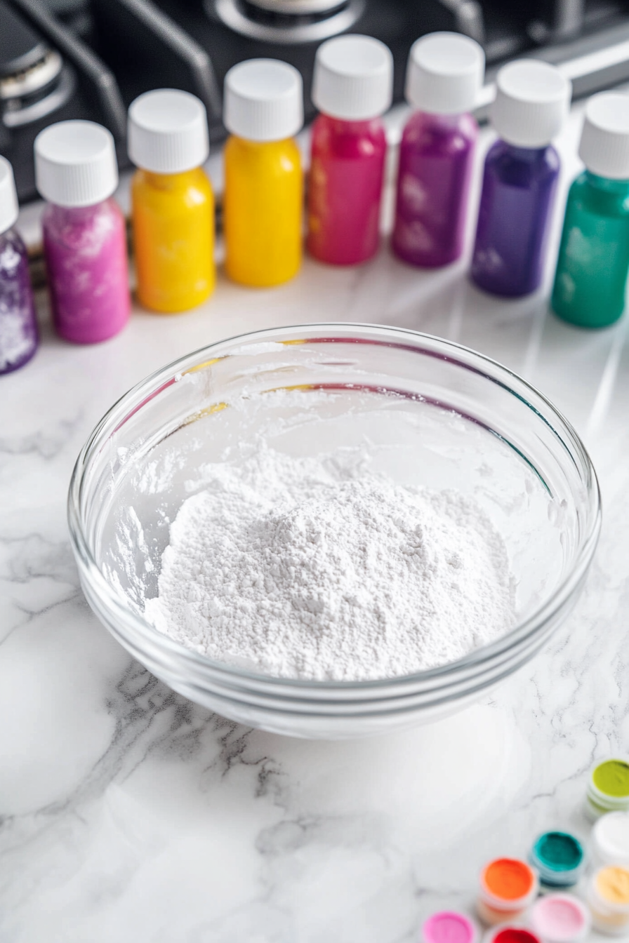 A glass bowl on the white marble cooktop holds sifted confectioners' sugar, meringue powder, and water being mixed into a smooth royal icing. Bright gel food coloring bottles are arranged neatly next to the bowl.