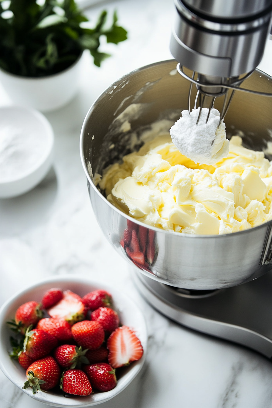 Show a stand mixer with a glass bowl on the white marble cooktop, whipping softened butter into a fluffy consistency. Beside the mixer, bowls of chopped strawberries and confectioners’ sugar are set, ready to be incorporated.