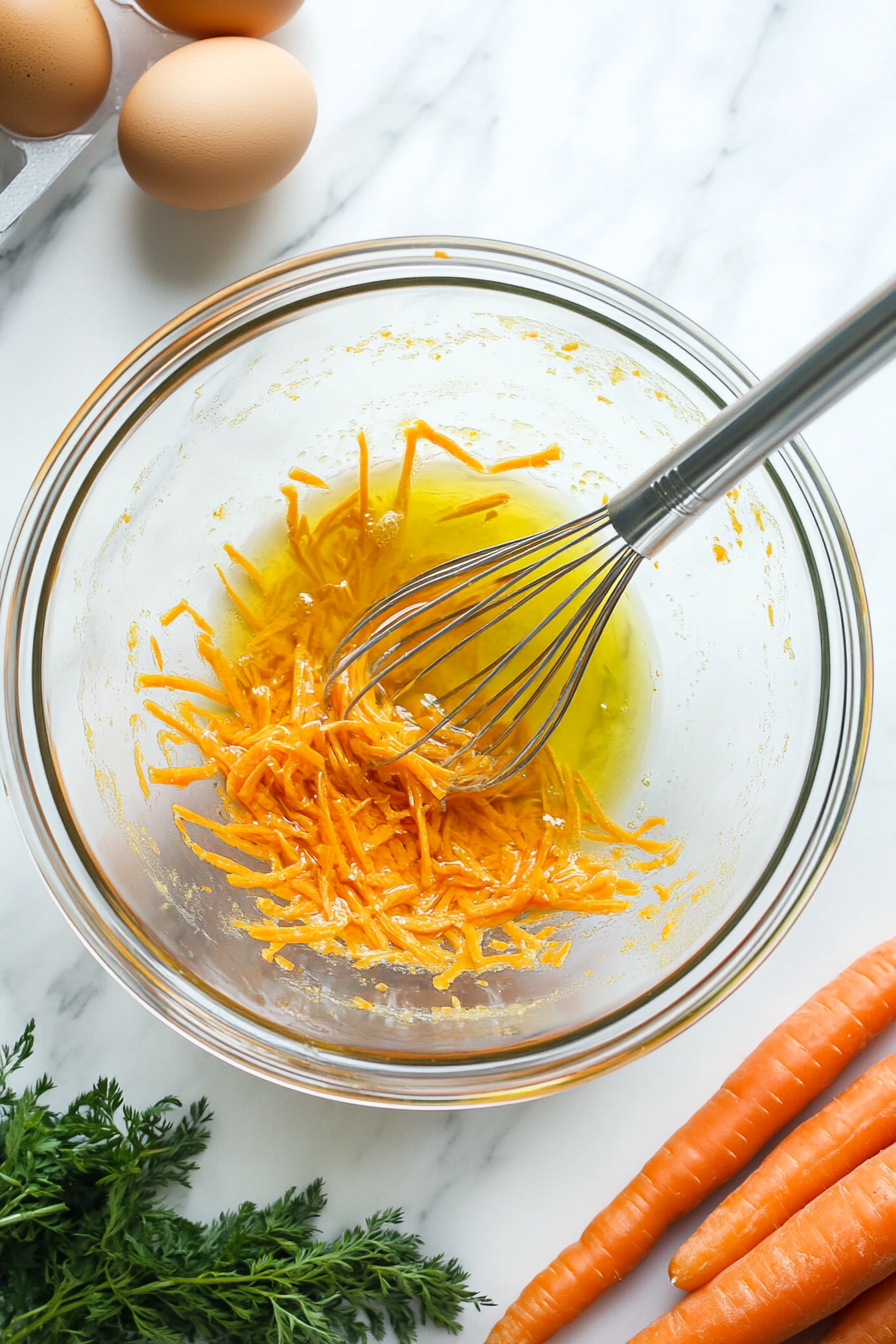 A glass bowl rests on the white marble cooktop with oil, sugar, and eggs being whisked together until smooth. Shredded carrots are being folded into the mixture with a spatula, while fresh carrots sit nearby for detail.