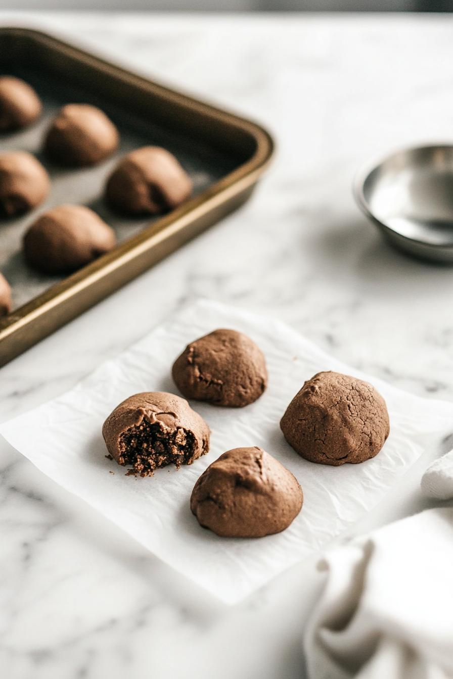 The chilled cookie dough rests at room temperature on a counter for 10-20 minutes. A baking sheet lined with parchment paper is nearby, prepared for shaping the cookies.