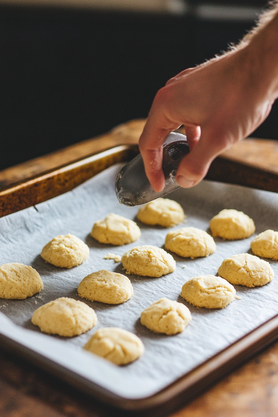 Chilled dough is scooped onto a parchment-lined baking sheet, forming evenly spaced portions. A hand gently presses each scoop to shape the dough, ensuring uniform cookies.