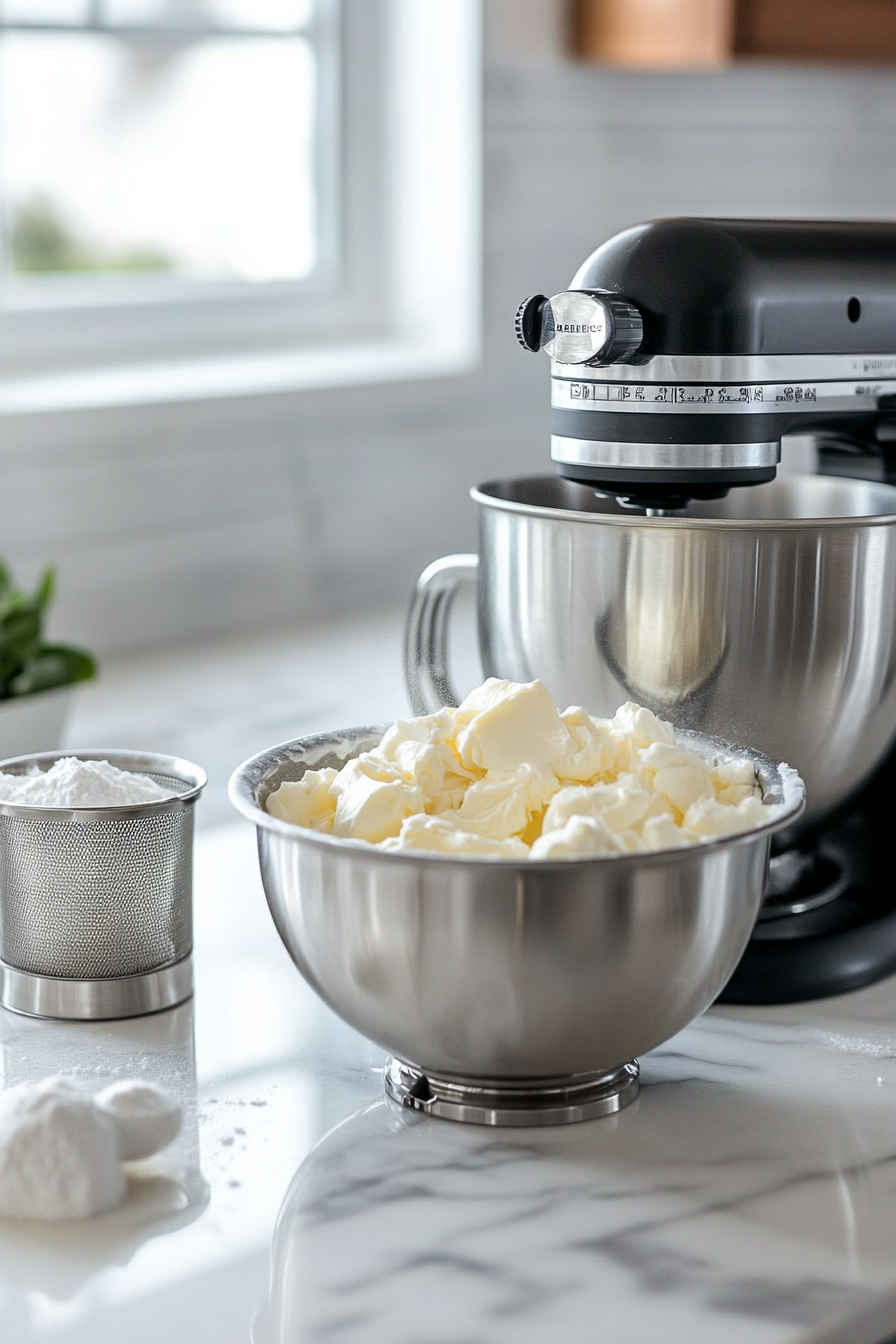 A stand mixer on a white marble cooktop beats softened butter and salt to a creamy consistency. A measuring cup with vanilla extract and a sifter with powdered sugar are nearby, ready to be added to the mix.