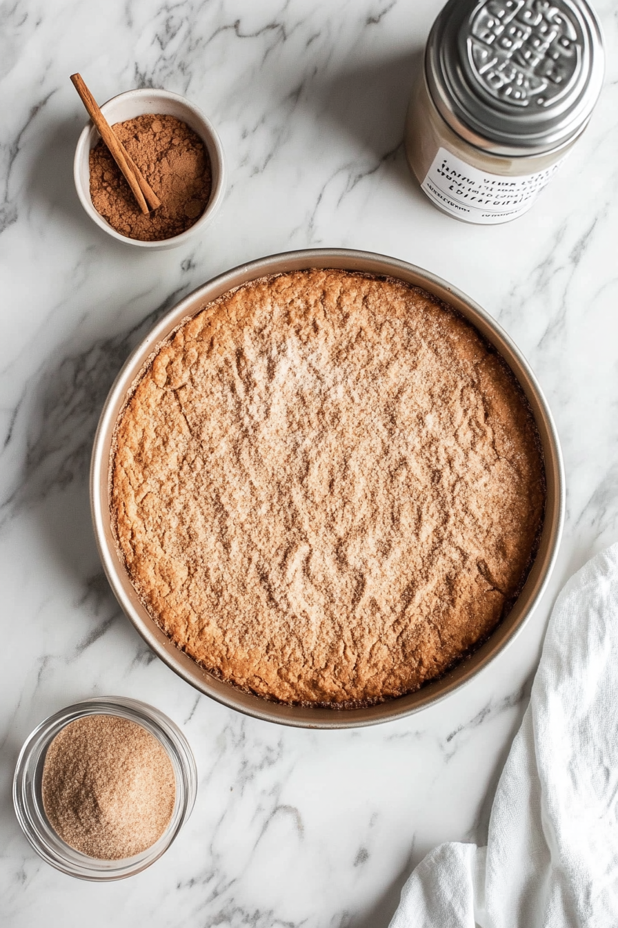 A 10x15-inch baking pan sits on a white marble cooktop, evenly sprinkled with brown sugar and cinnamon. A small bowl of brown sugar and a spice jar labeled 'cinnamon' are nearby, ready for use.