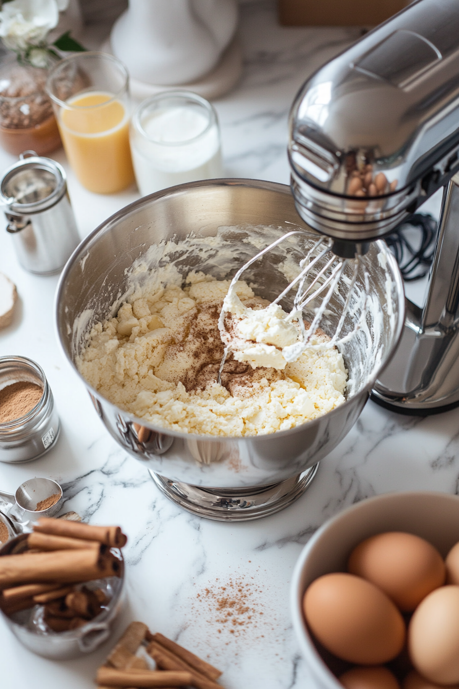 A stand mixer on the white marble cooktop is mixing the batter ingredients, including flour, apple juice, sugar, butter, eggs, milk, cinnamon, vanilla, baking powder, and salt. Measuring cups and ingredient containers are scattered around the area.