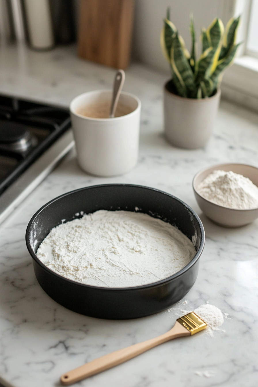 "A greased cake pan, dusted with flour and lined with parchment paper at the bottom, sits on the white marble cooktop. A small bowl of flour and a brush for greasing are placed nearby."