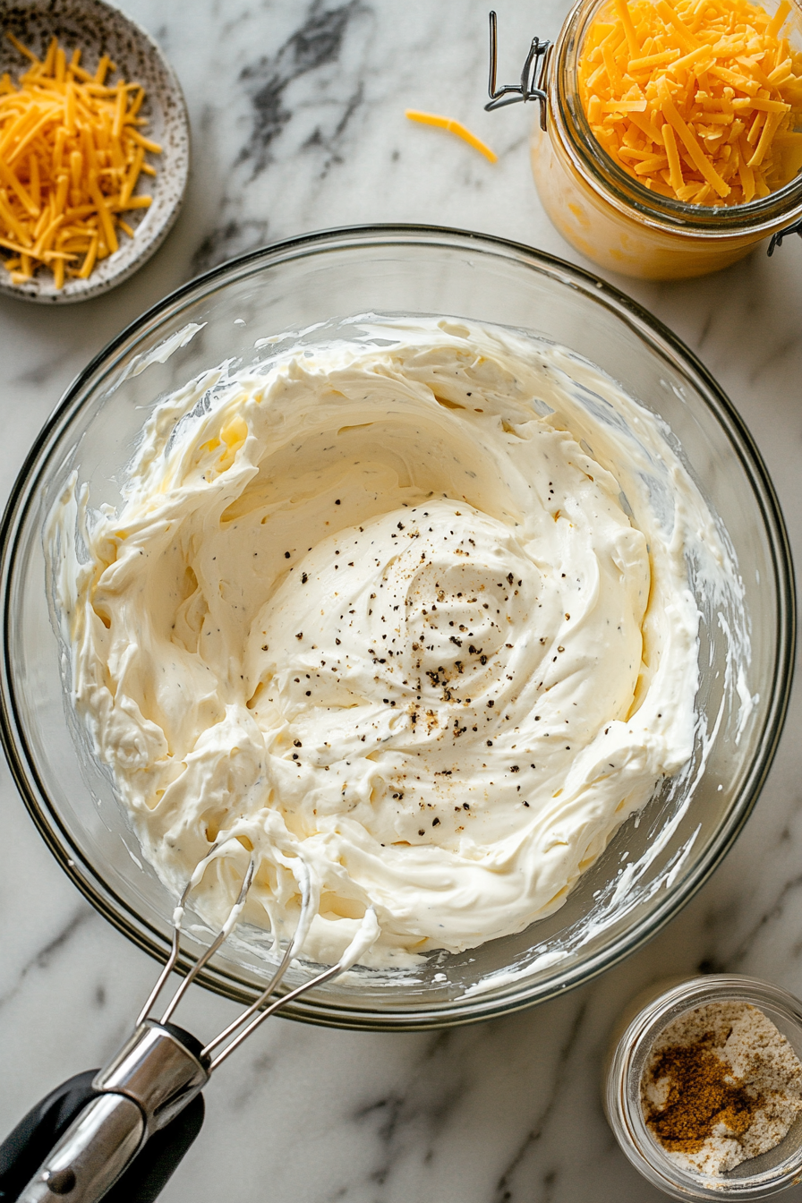 A large glass mixing bowl on a white marble cooktop contains softened cream cheese and sour cream being beaten with a hand mixer until smooth. Nearby, shredded cheddar cheese and ranch seasoning await addition.