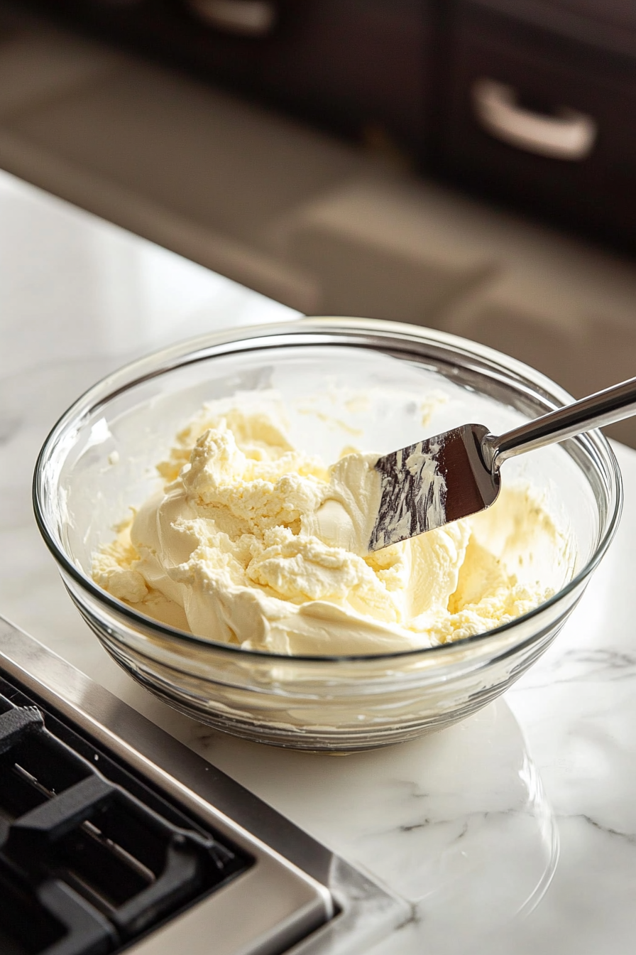 A large glass mixing bowl on the white marble cooktop contains room-temperature cream cheese, being beaten with granulated sugar, cocoa powder, and vanilla extract until smooth. A spatula is used to stir the mixture, ensuring all ingredients are well incorporated and the mixture is creamy.