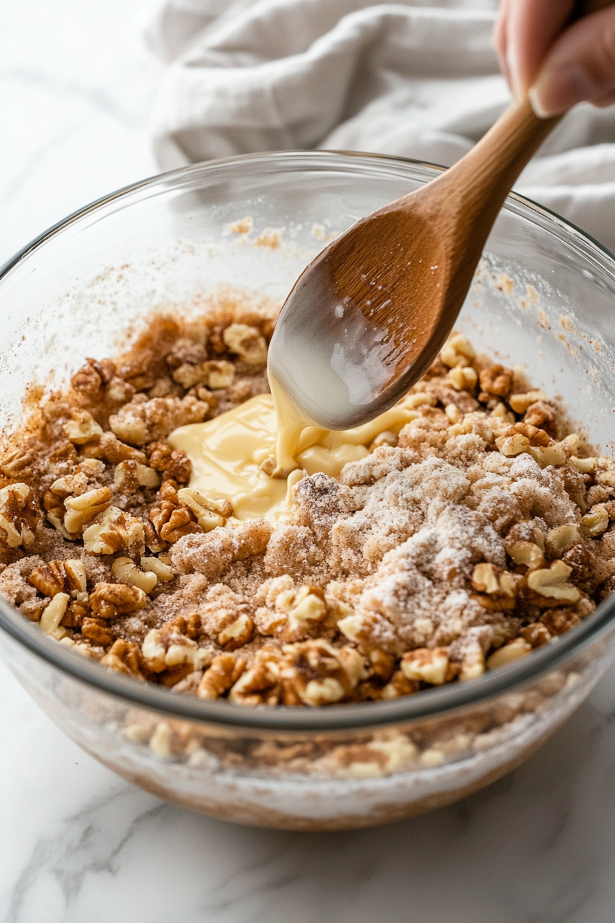 A glass mixing bowl on the white marble cooktop holds a mixture of brown sugar, cinnamon, flour, and chopped walnuts. Melted butter is being drizzled into the bowl, with a wooden spoon poised to mix everything into a crumbly topping.