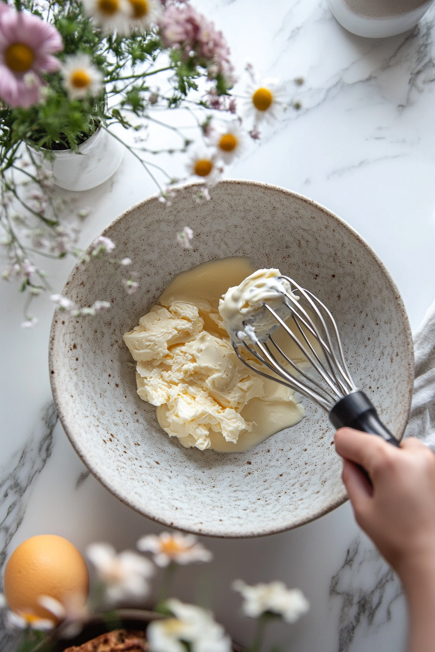 On a white marble cooktop, a large mixing bowl holds dry ingredients—flour, baking soda, salt, ginger, cinnamon, allspice, and cloves—being whisked together. Beside it, a second bowl shows softened butter being creamed with brown sugar and molasses