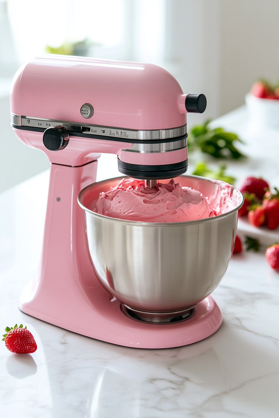 A stand mixer on the white marble cooktop with strawberry puree and food coloring being mixed into the frosting until fully incorporated.