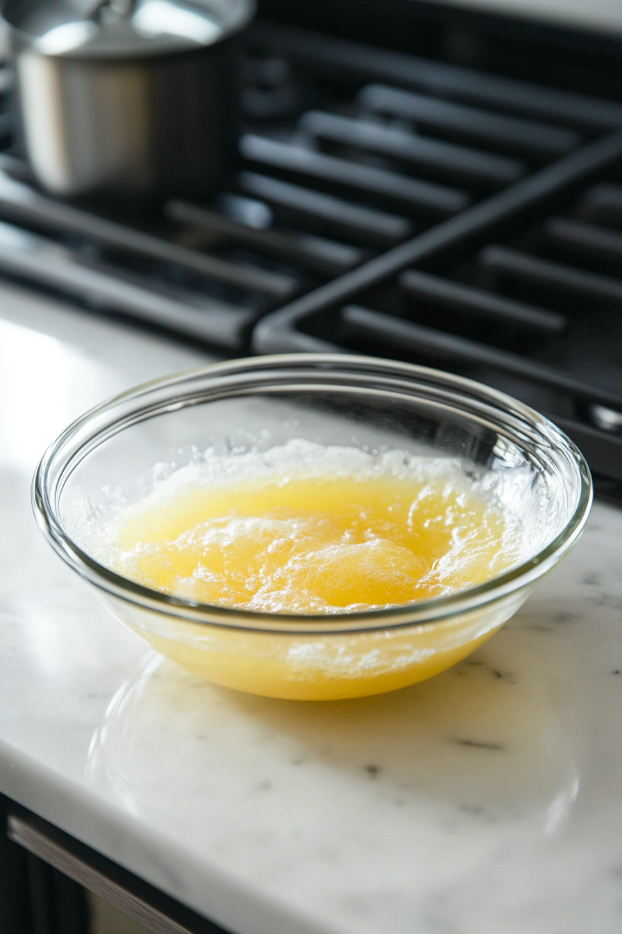 A glass bowl on the white marble cooktop contains lemon-flavored Jell-O mix being dissolved into boiling water. The mixture is being stirred smoothly, with the Jell-O almost fully dissolved and cooling slightly in the bowl, ready to be incorporated into the filling.