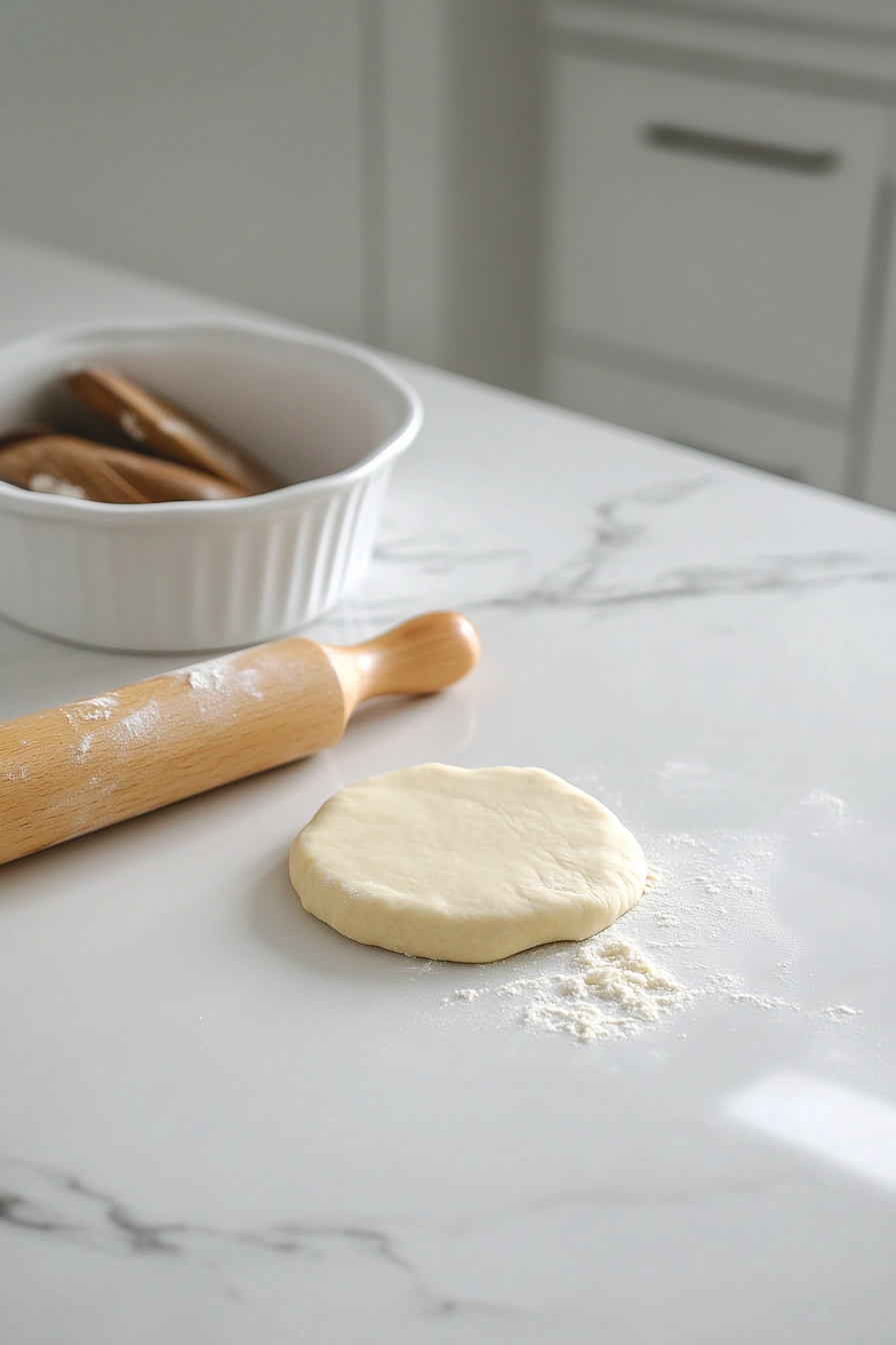 A smooth dough disc rests on the white marble cooktop, being rolled out into an even circle with a wooden rolling pin. A 9-inch pie dish sits nearby, ready for the crust. A light dusting of flour on the marble surface prevents sticking, setting the scene for pie perfection.