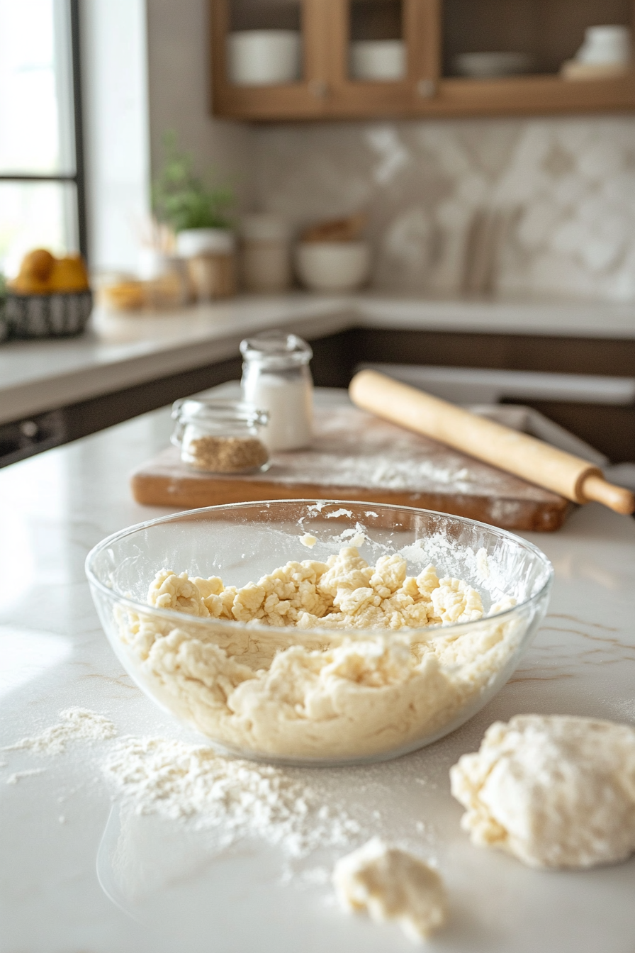 A glass mixing bowl on a white marble cooktop holds pie dough being mixed by hand. A rolling pin and a light dusting of flour sit nearby, ready for rolling, evoking the charm of a homemade pie crust in progress.