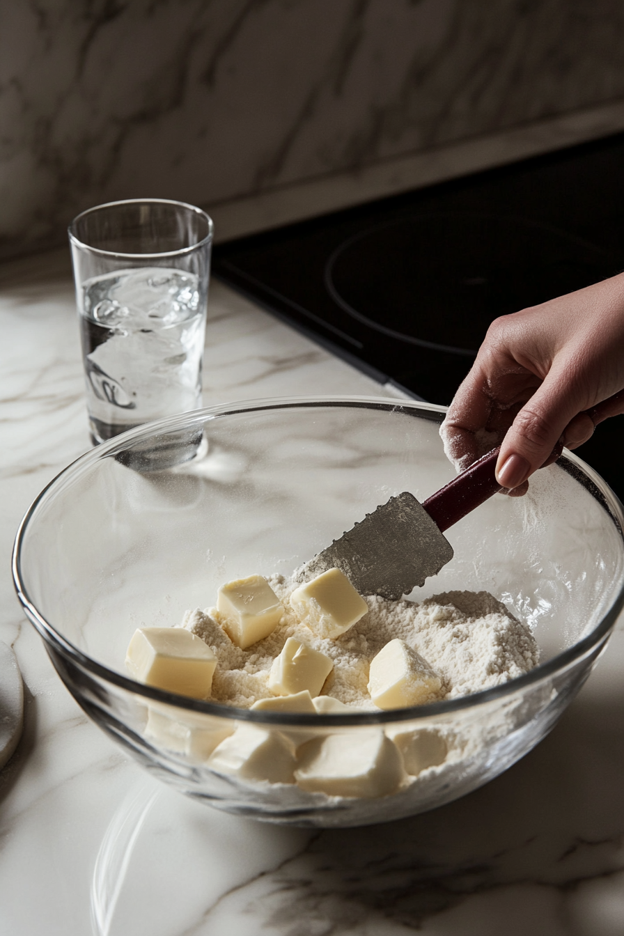 A glass mixing bowl on the white marble cooktop containing flour, salt, and cubes of cold butter. A hand mixes the ingredients with a pastry cutter, forming a coarse mixture. Nearby, a glass of ice-cold water awaits to hydrate the dough.