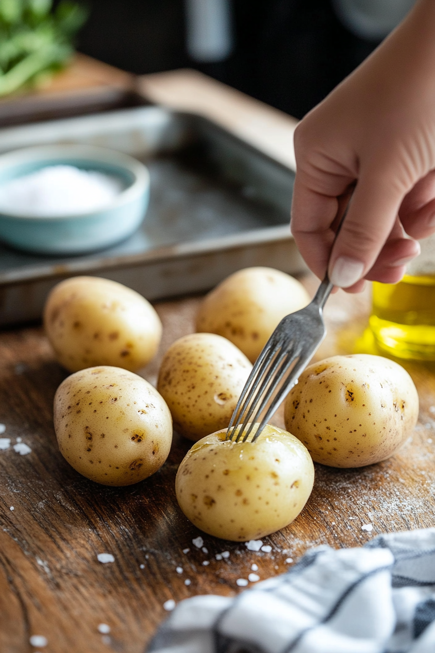 Six fresh Russet potatoes on a clean wooden countertop. A hand pokes one potato with a fork, while others are being rubbed with olive oil. A small bowl of sea salt and a baking tray are visible in the background.