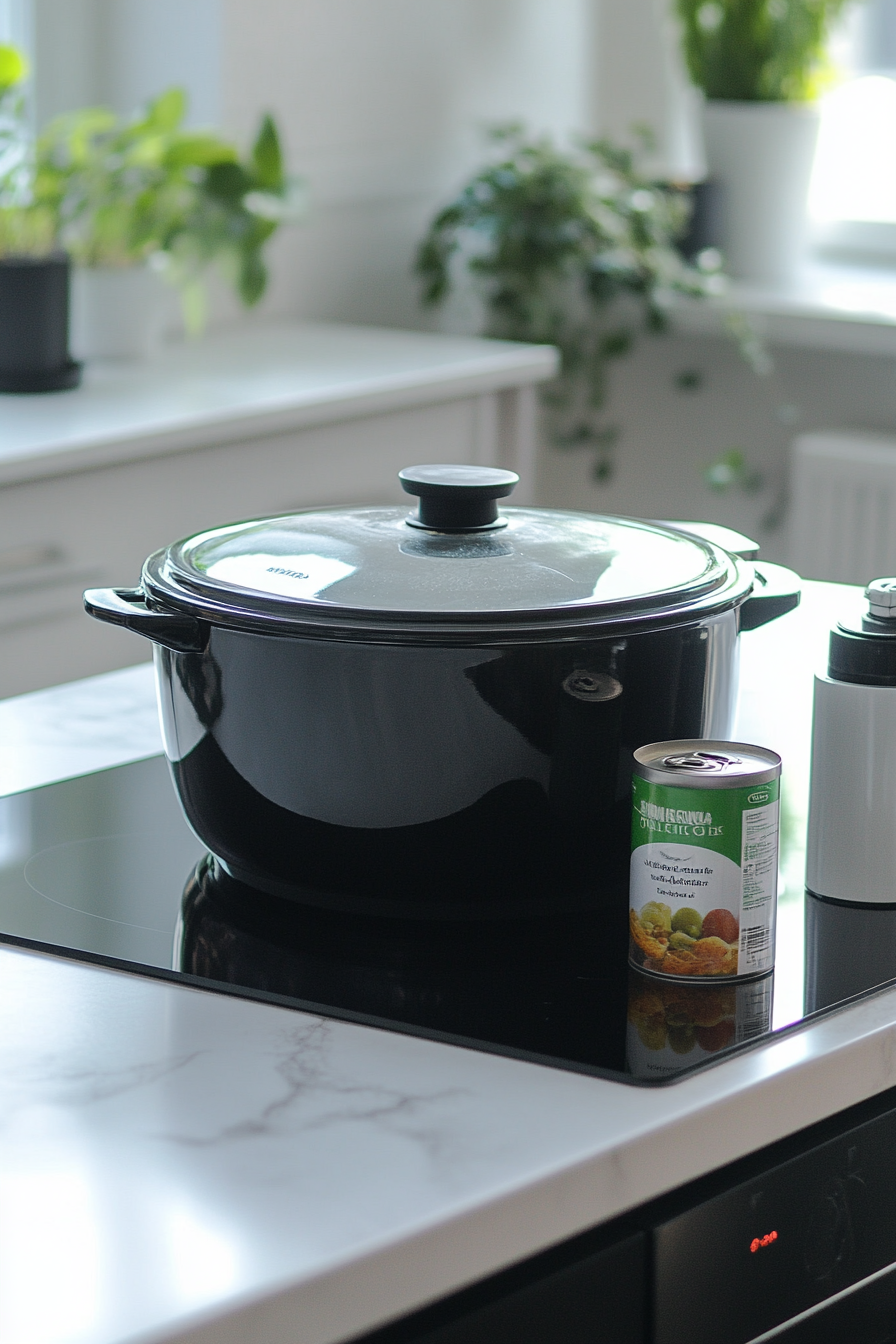 A slow cooker sits on the white marble cooktop, lightly sprayed with non-stick cooking spray. A can of non-stick spray is placed beside the cooker, ready to be capped.