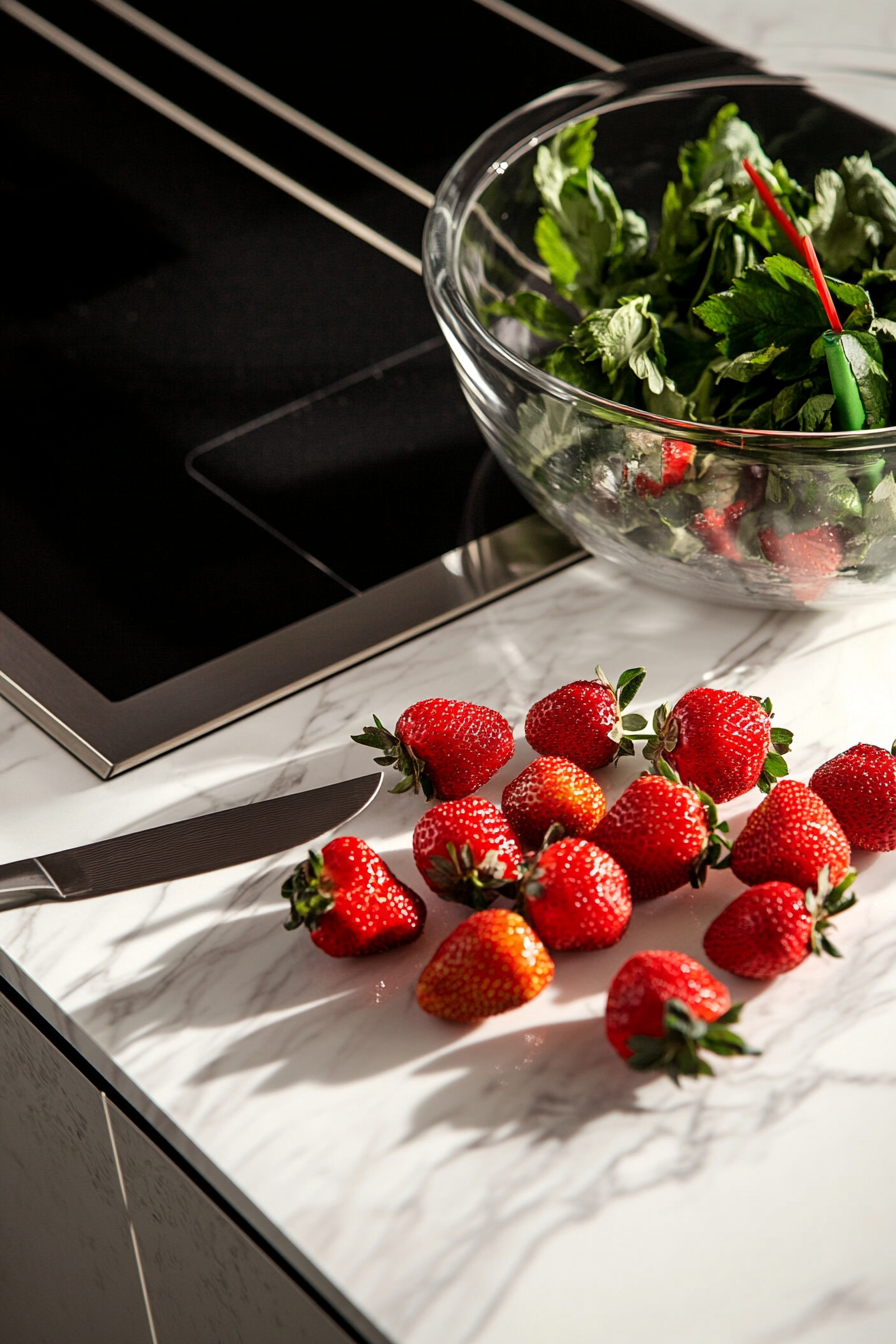 Fresh strawberries on a white marble cooktop, with their stems being removed using a knife. A glass bowl nearby holds washed strawberries ready for blending.