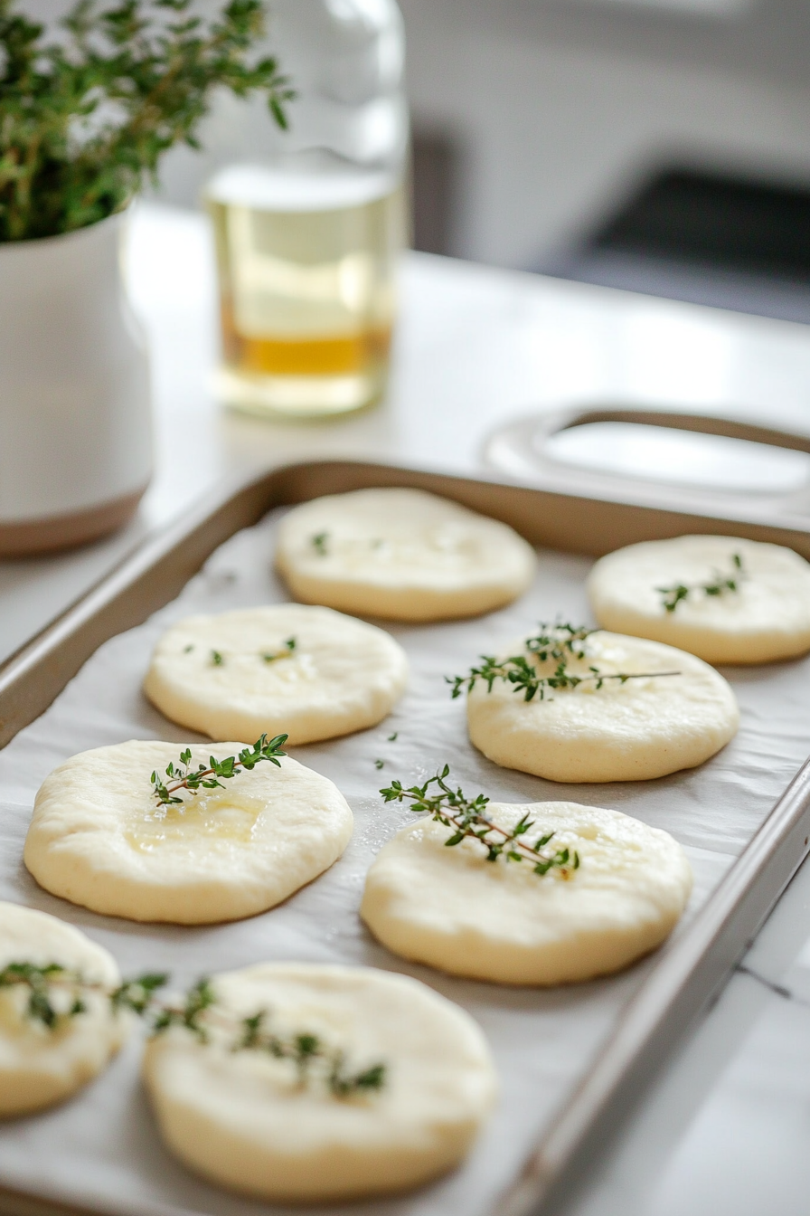 Depict a baking tray on the white marble cooktop holding 8 discs of keto dough. Fresh thyme leaves are being pressed into the dough, with the tray ready for baking in a preheated oven.