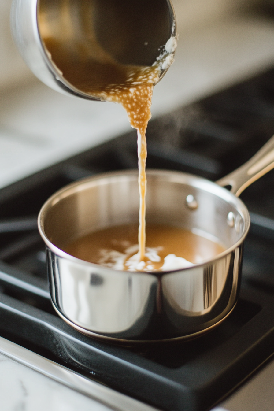 A small saucepan on the white marble cooktop, with sugar, butter, heavy cream, and vanilla extract being stirred together. The mixture is heating gently, forming a creamy and glossy vanilla sauce