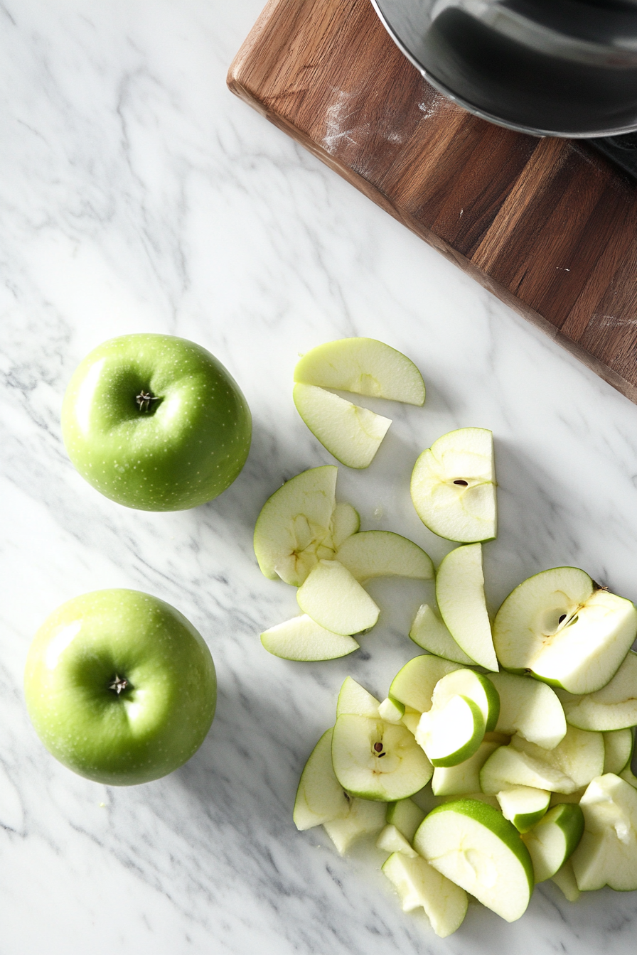 Three Granny Smith apples being peeled, cored, and sliced into 1/4-inch pieces. A small pile of peels sits nearby, and a cutting board rests on the white marble cooktop