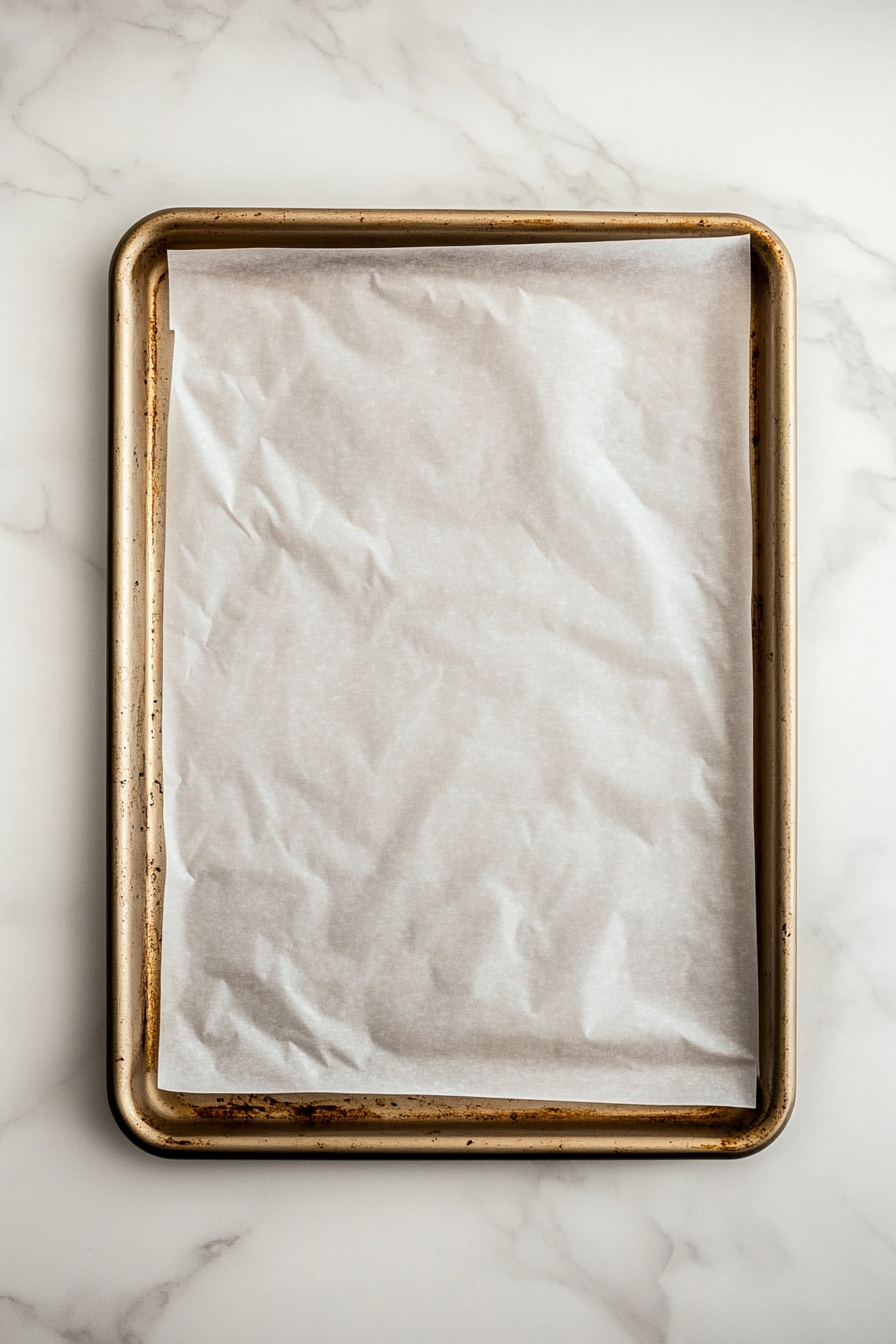 A large baking tray lined with neatly arranged parchment paper is displayed in a top-down view on a white marble countertop. The tray is empty, and the scene is minimal and clean, emphasizing readiness for the next step.