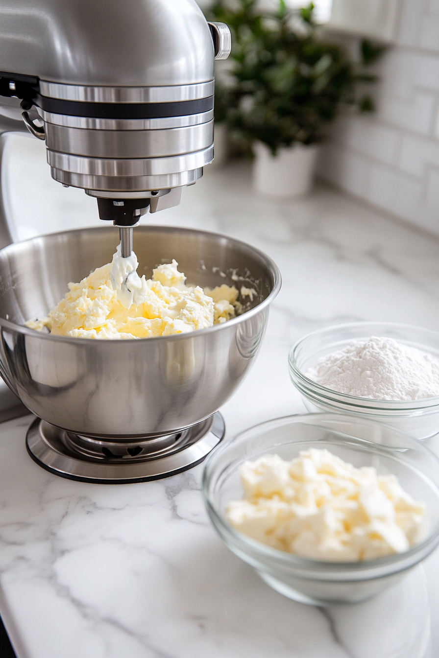 A stand mixer with a stainless steel bowl is on the white marble cooktop, creaming butter, sugar, and lemon zest together. Nearby, a glass bowl containing whisked dry ingredients and a cup of whole milk is ready to be incorporated into the mixture.