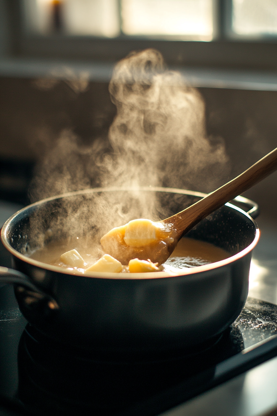 A small saucepan on the white marble cooktop contains brown sugar, butter, and half & half, gently heated. A wooden spoon stirs the smooth, rich caramel mixture as steam rises delicately from the pot.