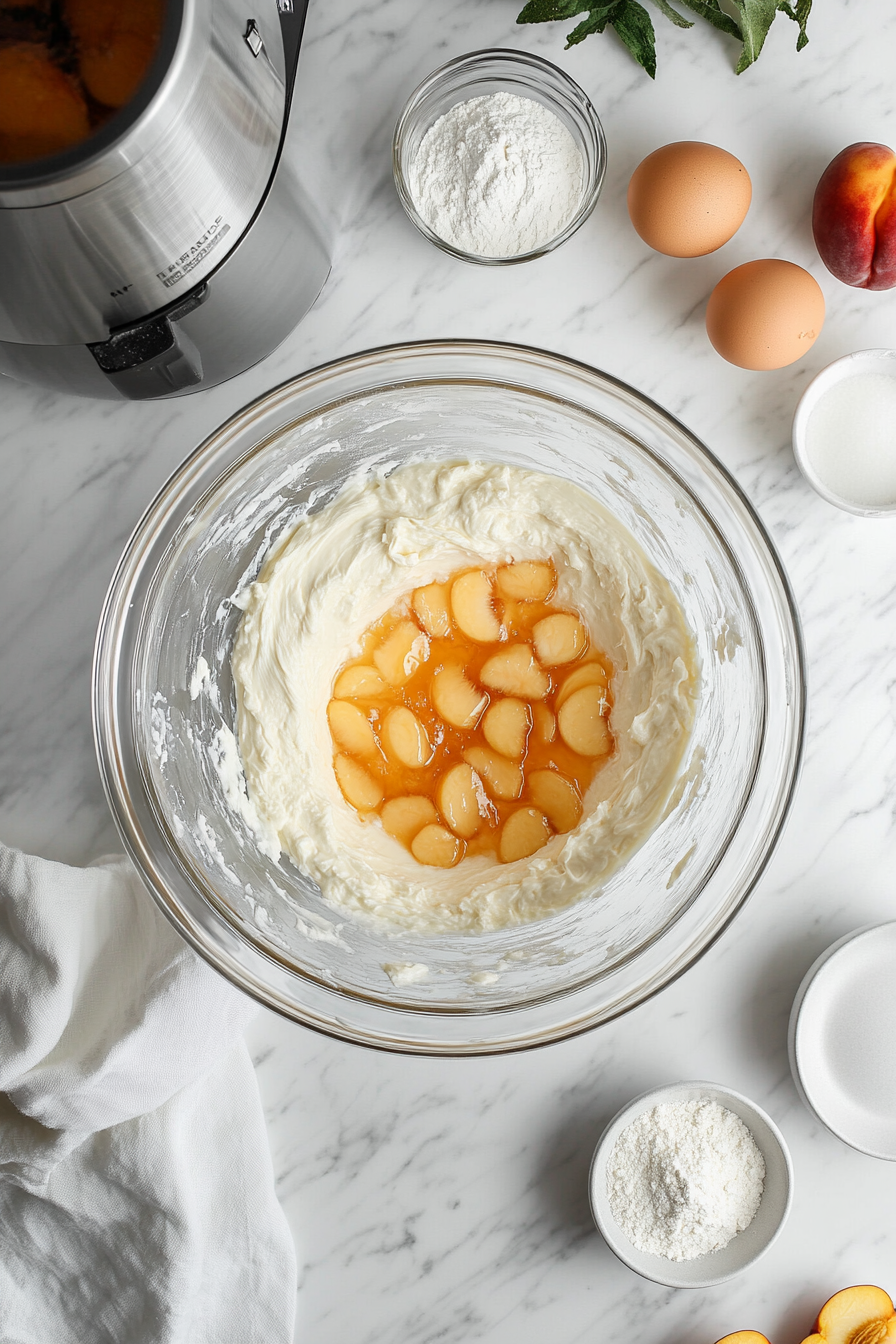 A stand mixer bowl filled with cream cheese and sugar is being beaten until fluffy. Eggs, flour, bourbon, peach preserves, and freshly chopped peaches are nearby, ready to be added to the mixture. The bowl is positioned on the white marble cooktop to maintain a clean, uncluttered background.