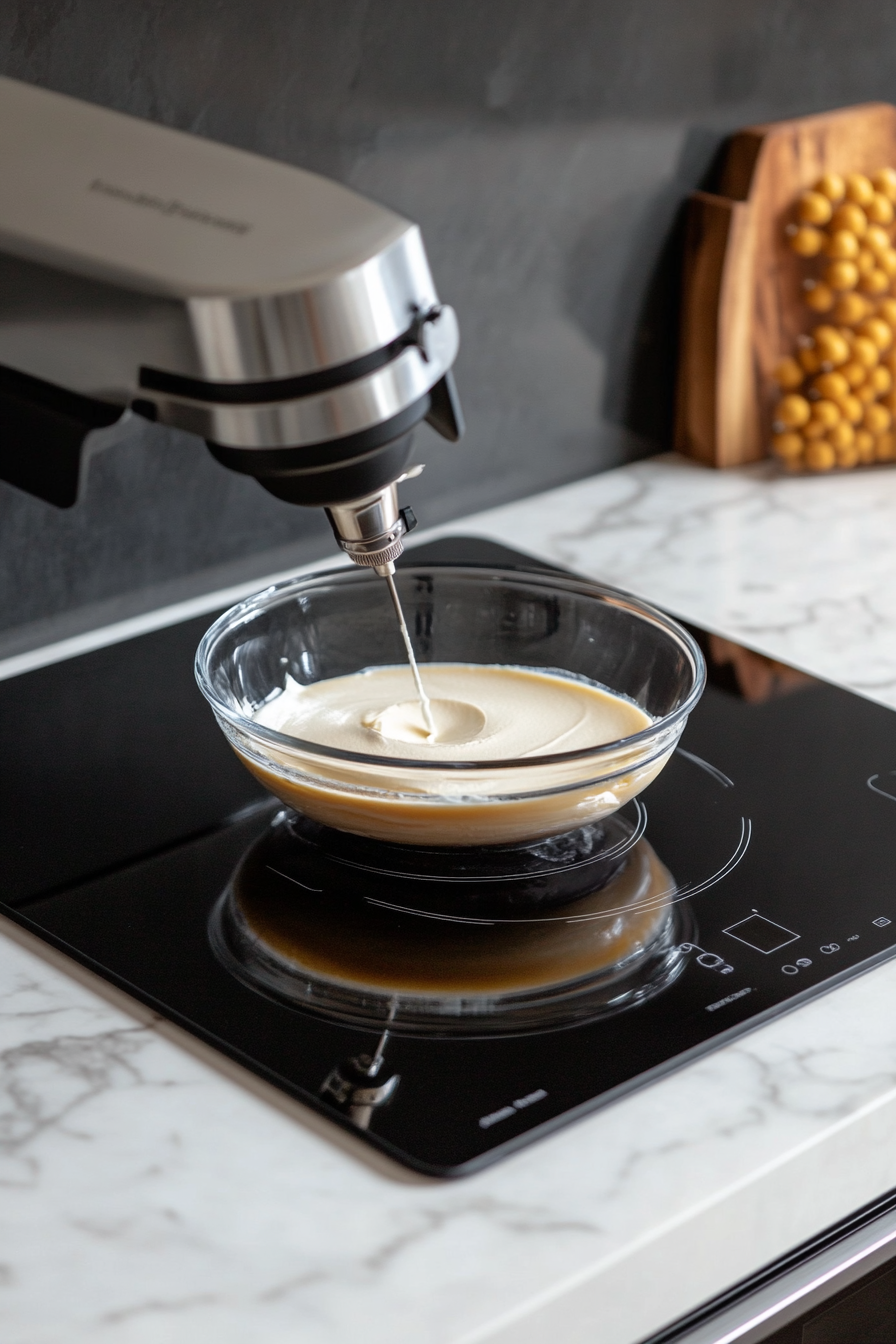 A glass bowl on the white marble cooktop containing cream cheese, granulated sugar, and salt being mixed with an electric mixer. The cooled crème pâtissière, sifted cornstarch, and lemon juice are being added in stages to create a smooth filling