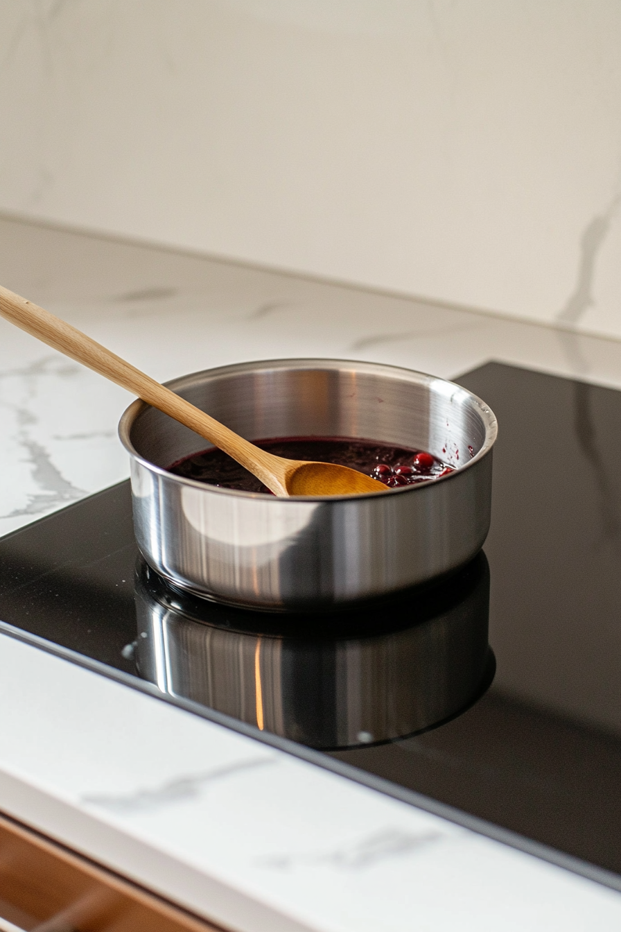 A small saucepan on the white marble cooktop contains cranberry sauce, water, and sugar being stirred together. A wooden spoon rests on the edge, with the sauce simmering gently.