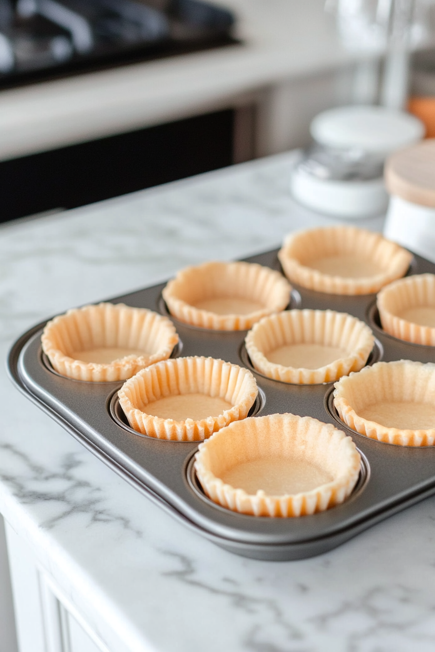 A cupcake pan lined with paper liners rests on the white marble cooktop. A mixing bowl contains Oreo crumbs and melted butter being combined. One tablespoon of the mixture is pressed into each liner, forming the crust base.