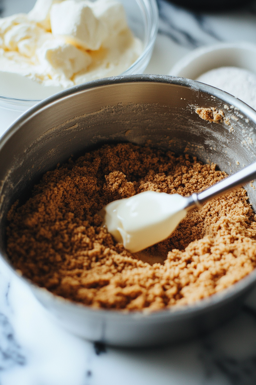 A mixing bowl with graham cracker crumbs, melted butter, and sugar being stirred together, while a springform pan sits in the background, ready for the crust mixture to be pressed into its base.