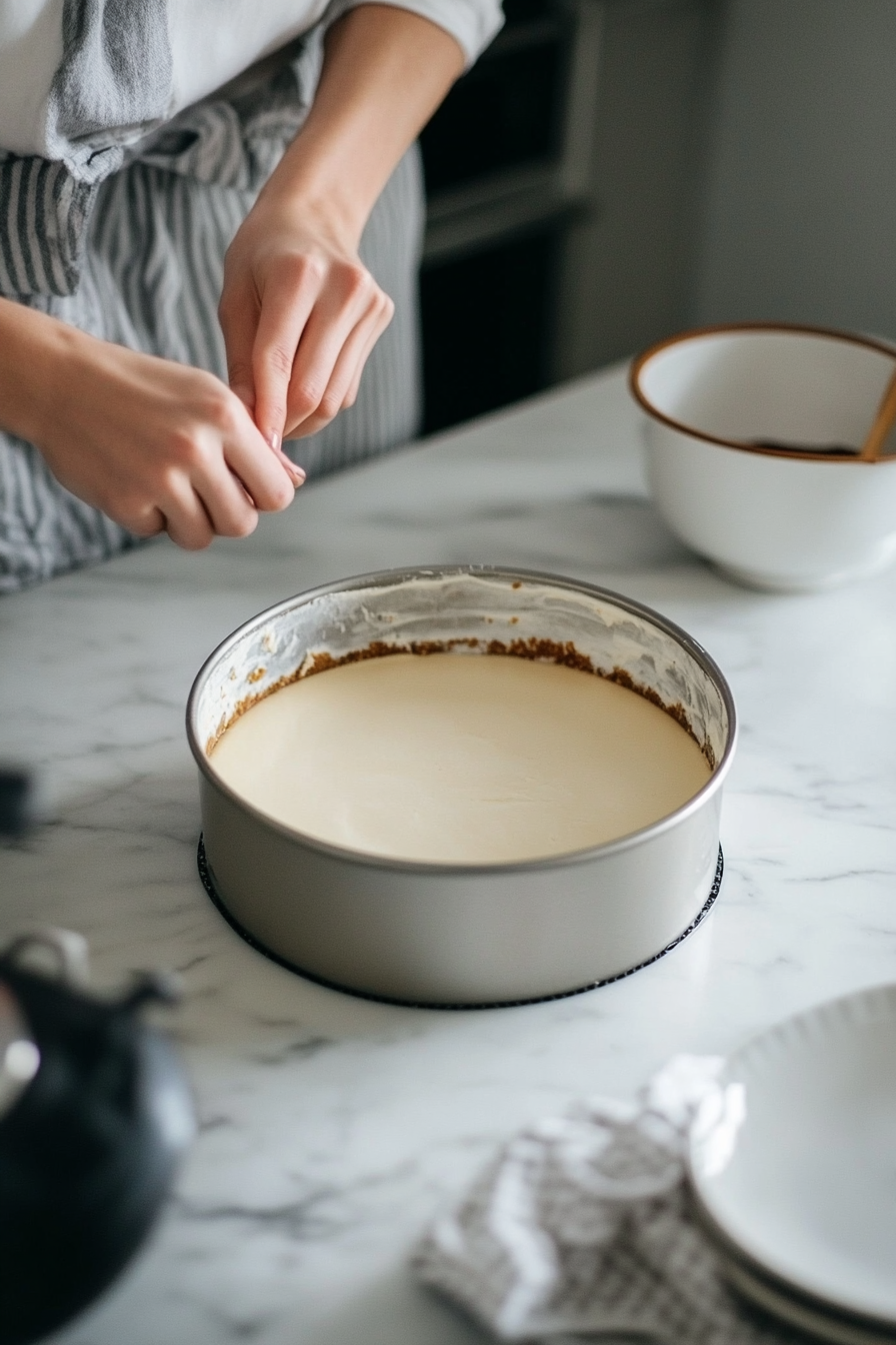 A springform pan sits on the white marble cooktop as crushed ladyfingers are mixed with melted butter and coffee-flavored liqueur in a mixing bowl. The mixture is pressed into the pan, forming a smooth crust.