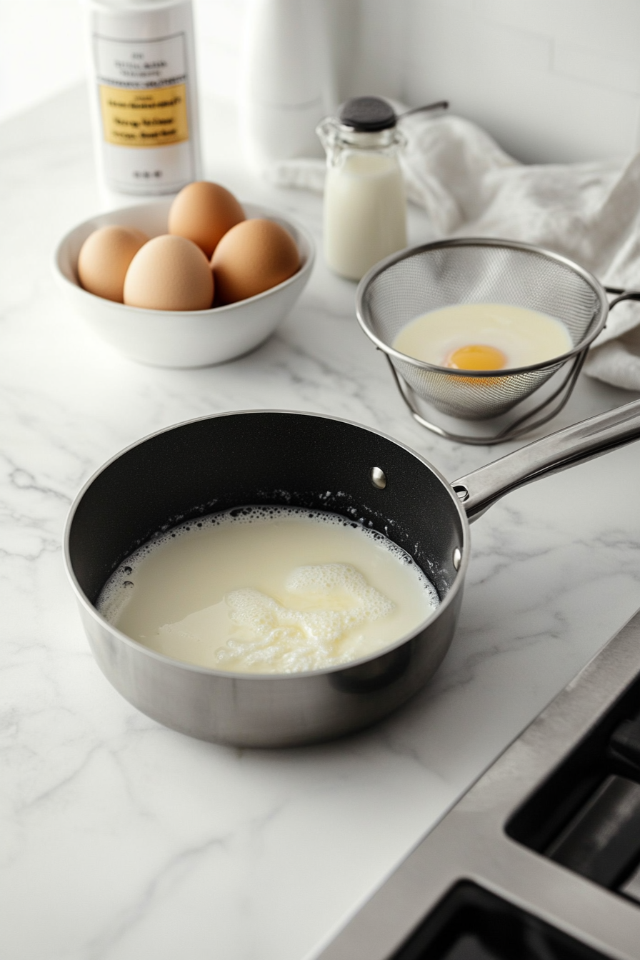 A saucepan gently simmering milk on the stove, while a whisk mixes egg yolks and sugar in a bowl. A strainer and a bottle of vanilla are on the side, ready for the finishing touch.