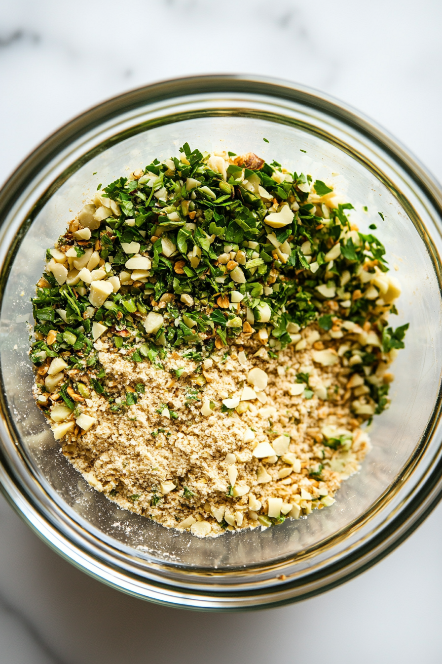 A clear glass mixing bowl on the white marble cooktop contains almond flour, Keto Chow, 2 teaspoons sage, parsley, and baking powder. The dry mixture is pale with specks of green parsley, arranged in a clean and organized scene.