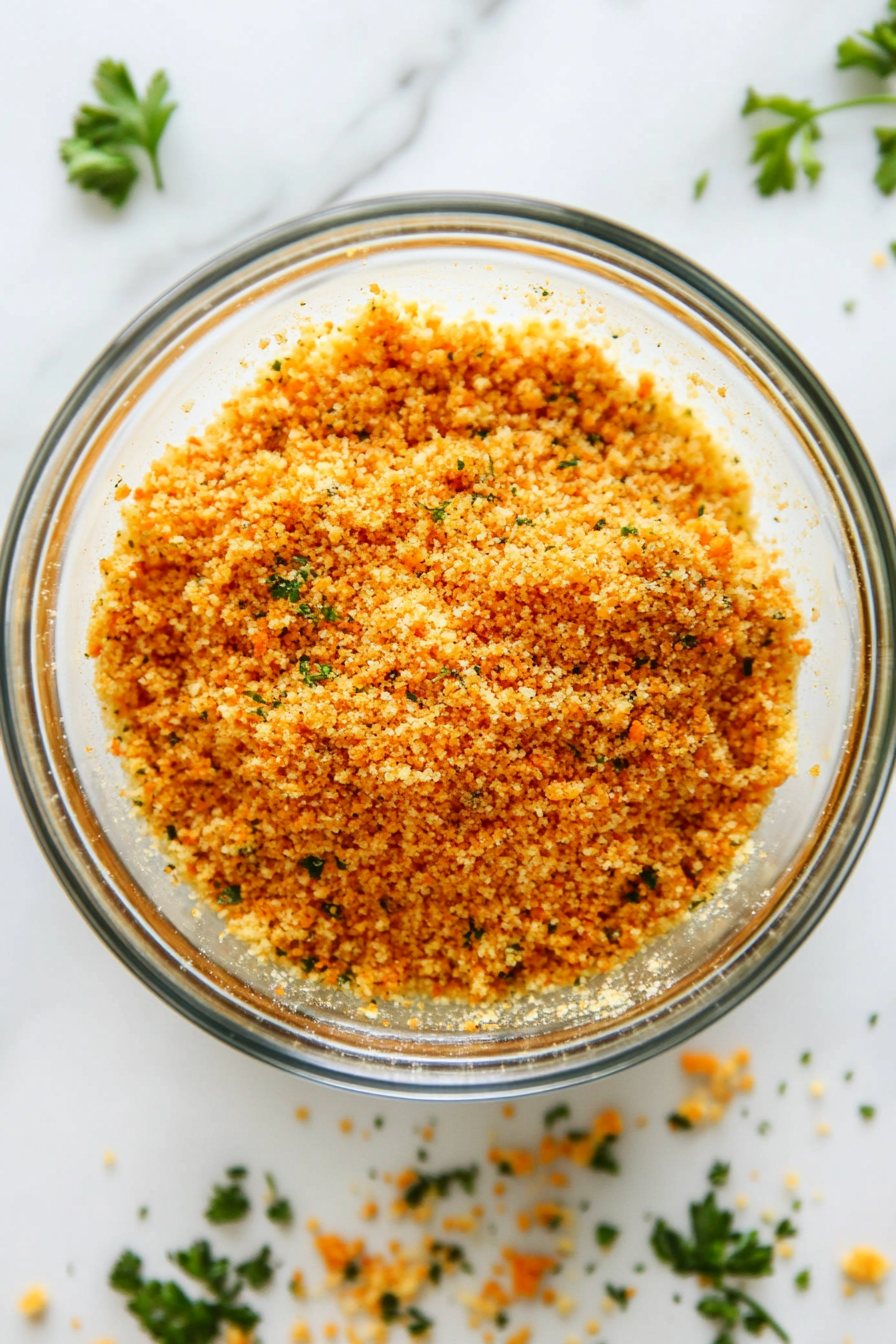 A granular pale yellow mixture of parmesan cheese and keto bread crumbs is shown in a clear glass mixing bowl. The bowl is on a white marble countertop, with small, labeled containers of parmesan cheese and keto bread crumbs neatly placed beside it. The scene is clean and focused.