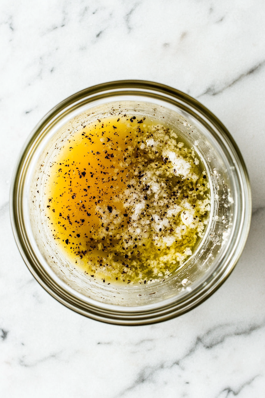 A clear glass mixing bowl containing a frothy light yellow mixture of whisked eggs, celery salt, regular salt, and pepper is shown from a top-down perspective. The bowl sits on a white marble countertop, with labeled ingredient containers visible in the background.