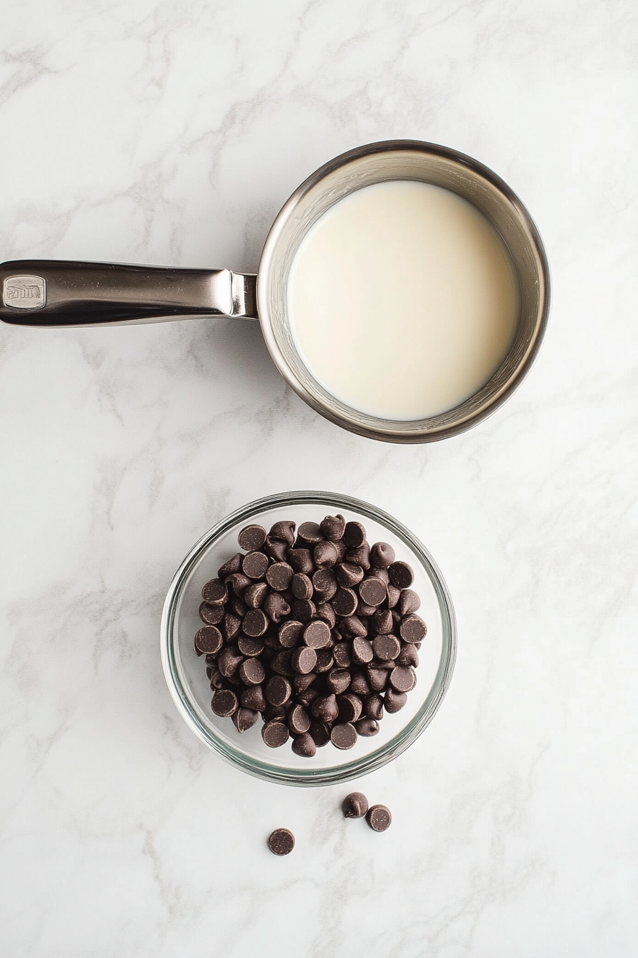 A small saucepan on the white marble countertop heats heavy cream to a gentle simmer, placed next to a medium glass bowl containing glossy dark chocolate chips. The setup is minimal, focusing on the preparation for the ganache.