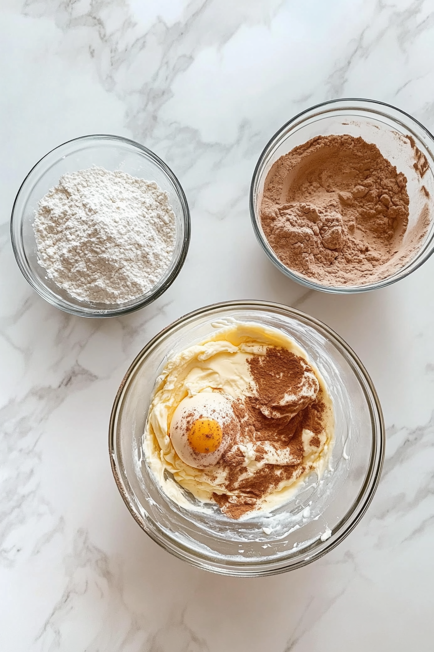 A glass mixing bowl contains softened butter and sugar creamed together until fluffy. An egg is added, while a second bowl holding dry ingredients—flour, baking powder, cinnamon, and salt—sits nearby, ready to be incorporated. Both bowls are arranged on the white marble cooktop to keep the scene uniform and uncluttered