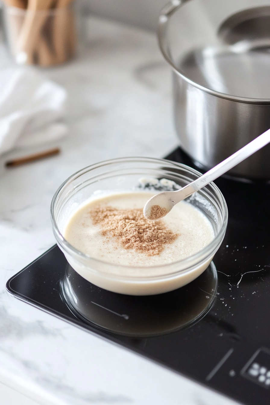 Glass bowl on a white marble cooktop containing self-rising flour, white sugar, milk, and vanilla. The ingredients are being stirred until smooth with a spatula. A measuring cup of milk sits nearby for any additional milk needed.