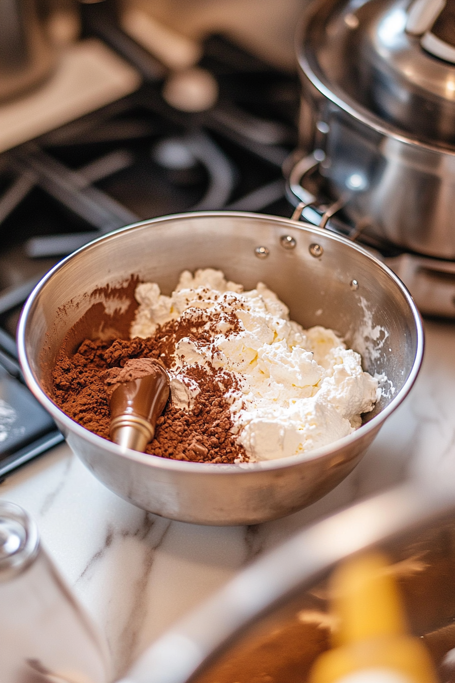 A mixing bowl on the white marble cooktop holds heavy whipping cream, powdered sugar, cocoa powder, and vanilla extract being beaten to stiff peaks. A piping bag is prepared nearby for decorating.