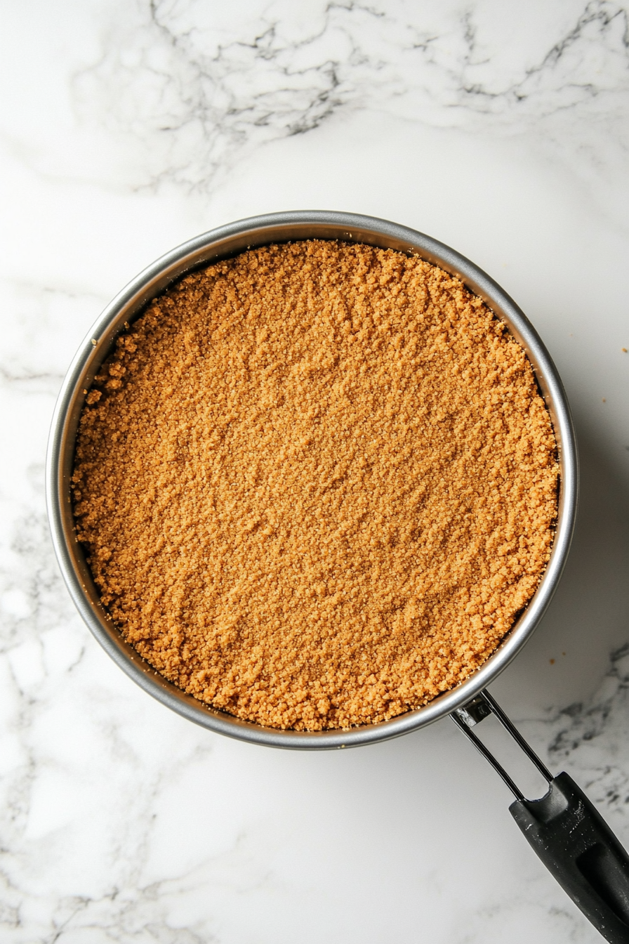 "A springform pan on the white marble cooktop has the graham cracker crust mixture being pressed firmly and evenly into the base with the back of a measuring cup. The edges of the pan are clean and prepared for the filling."