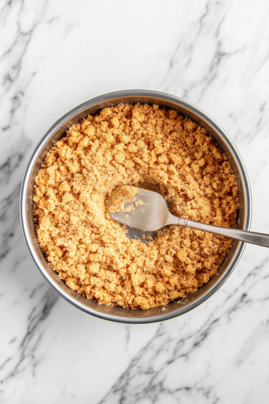 The graham cracker mixture is being pressed evenly into the bottom of a 10-inch springform pan. The crust is compact and smooth, sitting on the white marble cooktop. The pan is ready to go into the oven for baking.