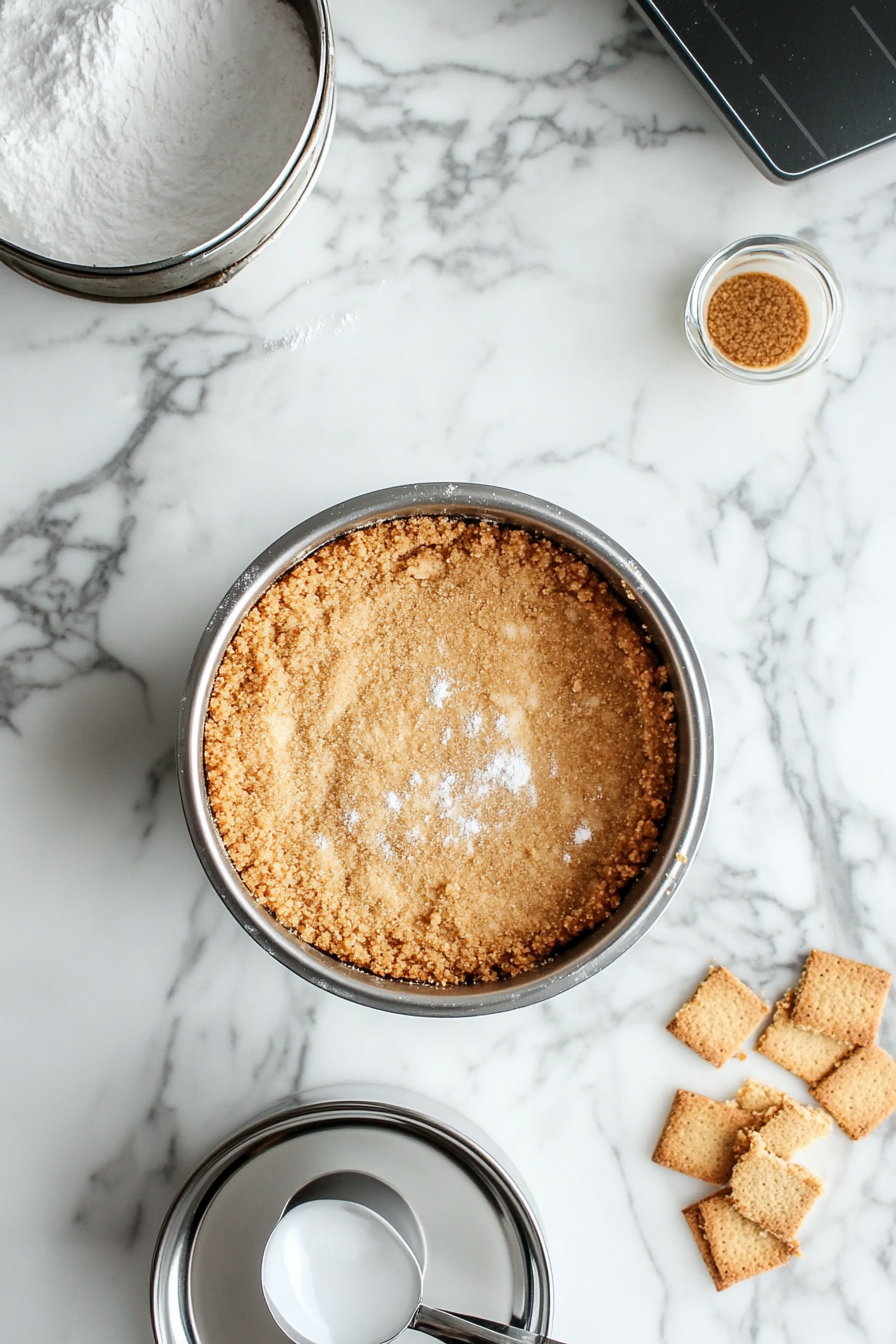 A 9-inch springform pan sits on the white marble cooktop. The graham cracker mixture is pressed firmly into the base with a flat-bottomed measuring cup, achieving a smooth, even crust.