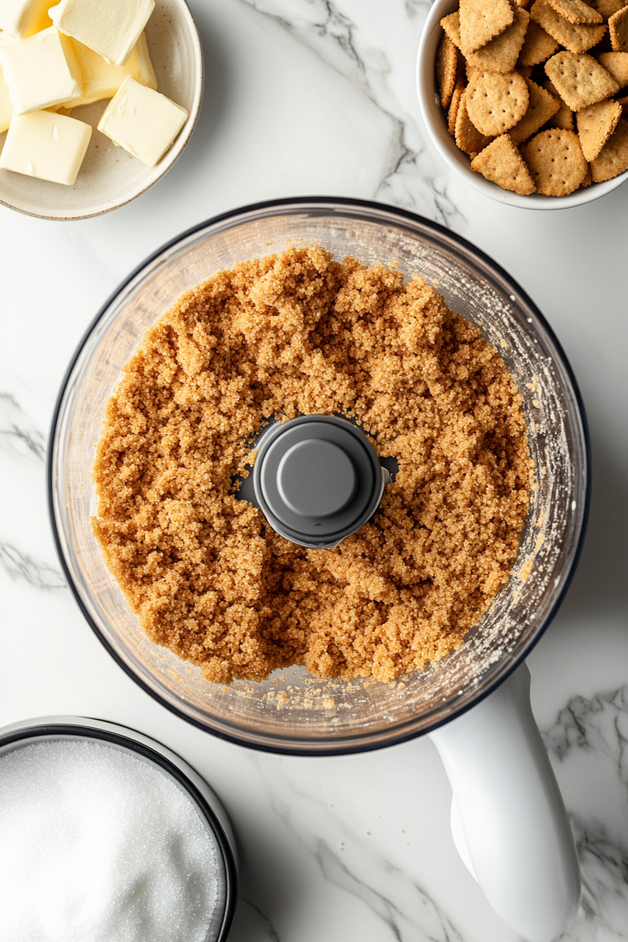 A food processor sits on the white marble cooktop, with graham crackers being processed into fine crumbs. A small bowl of granulated sugar and melted butter sits beside the food processor, ready to be mixed with the crumbs. The graham cracker crumbs are evenly processed, creating a uniform texture, waiting to be pressed into the pan.