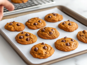 Freshly baked cookies on the baking sheet, cooling slightly on the white marble cooktop before being transferred to a wire rack. The cookies have a soft, golden appearance with a glossy top